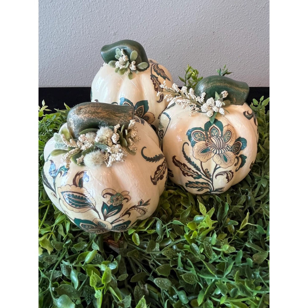 Hand-crafted Ceramic Pumpkins | Botanical Floral Fall Decor Set of 3